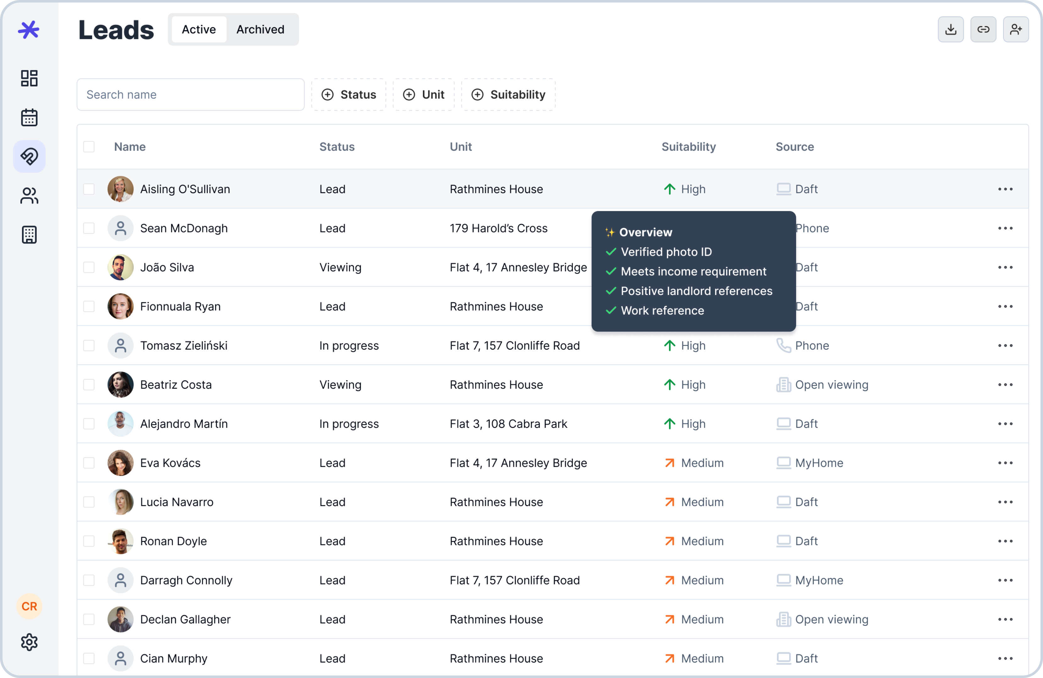 Lette app interface showing lead management dashboard
